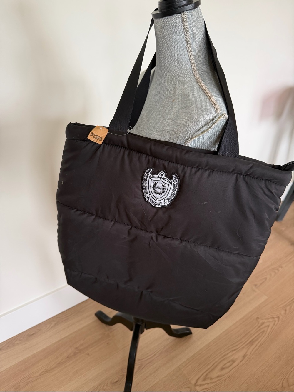 NWT Victoria’s Secret PINK Black Quilted Puffer Tote Bag Crest Logo